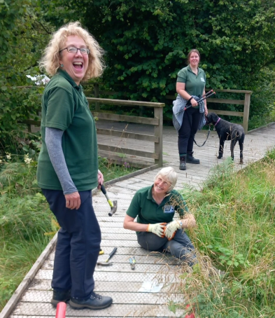 Volunteers working and smiling